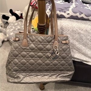 Authentic Christian Dior Tote Bag Quilted Metallic Gray